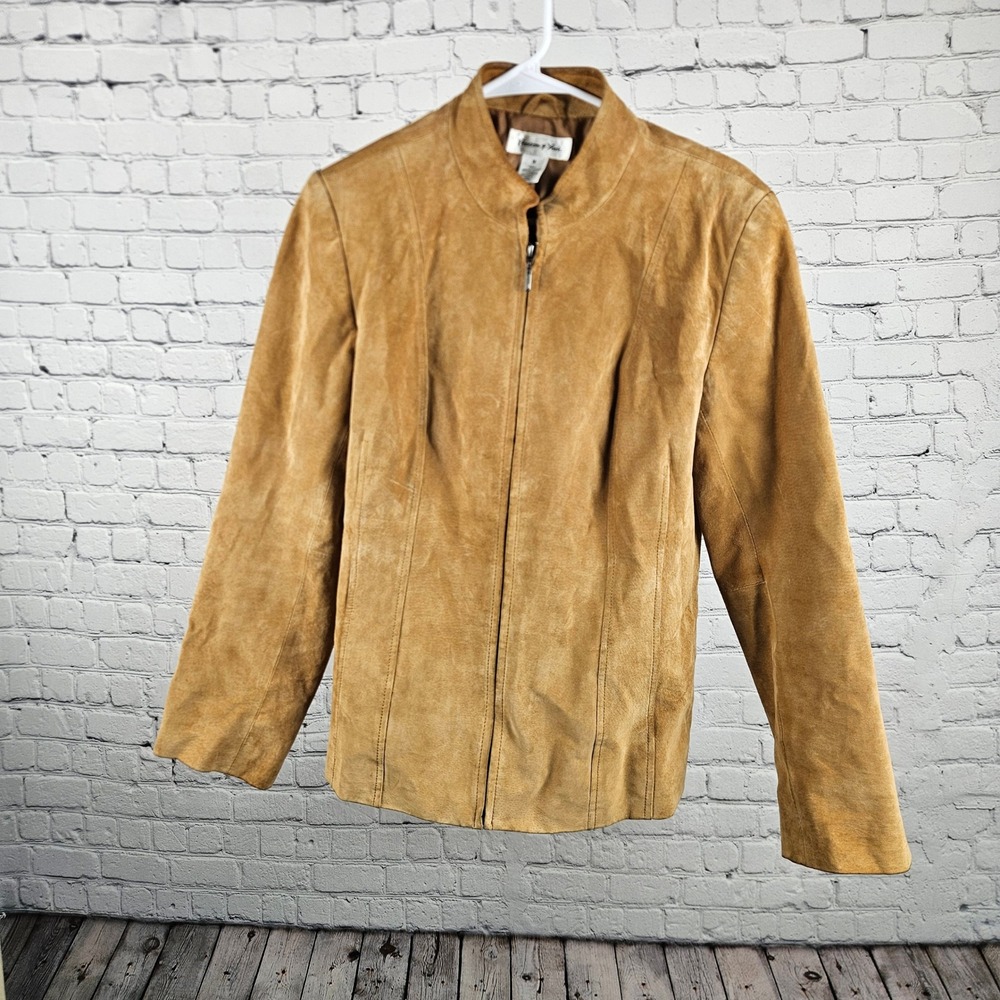 Preston & York Tan Suede Leather Jacket Womens Medium Full Zip Stand Collar